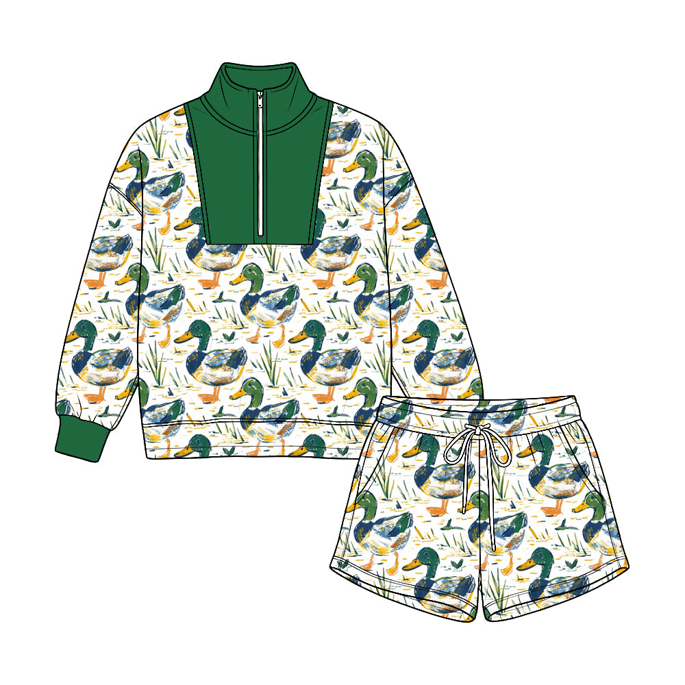 8.22 Preorder Mallard Duck Print Half‑Zip Pullover & Drawstring Shorts Set