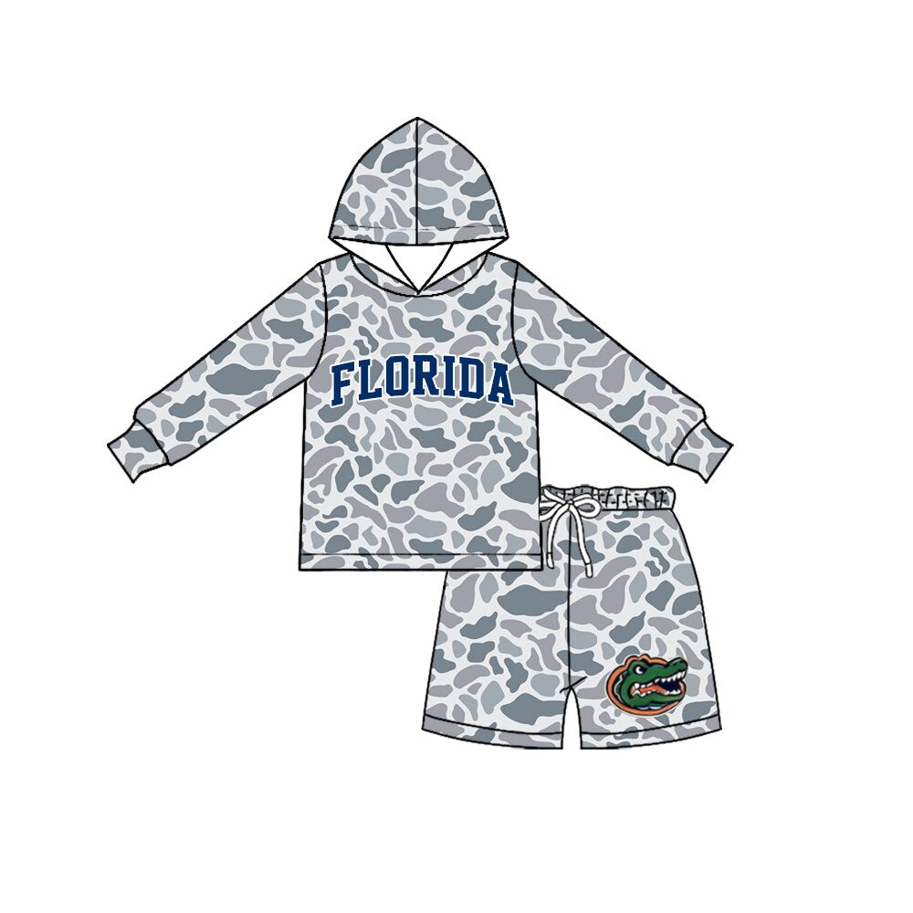 8.25 Preorder BLS0060 Teams Florida Grey Camo Print Hoodie Top Shorts Boys Clothes Set