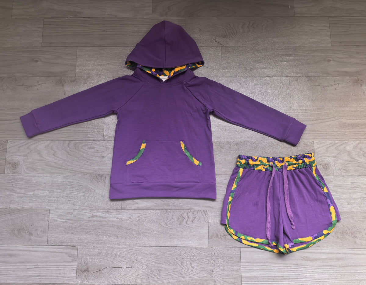 Preoder BLS0062 Baby Boys Mardi Gras Purple Hoodie Top Shorts Outfit