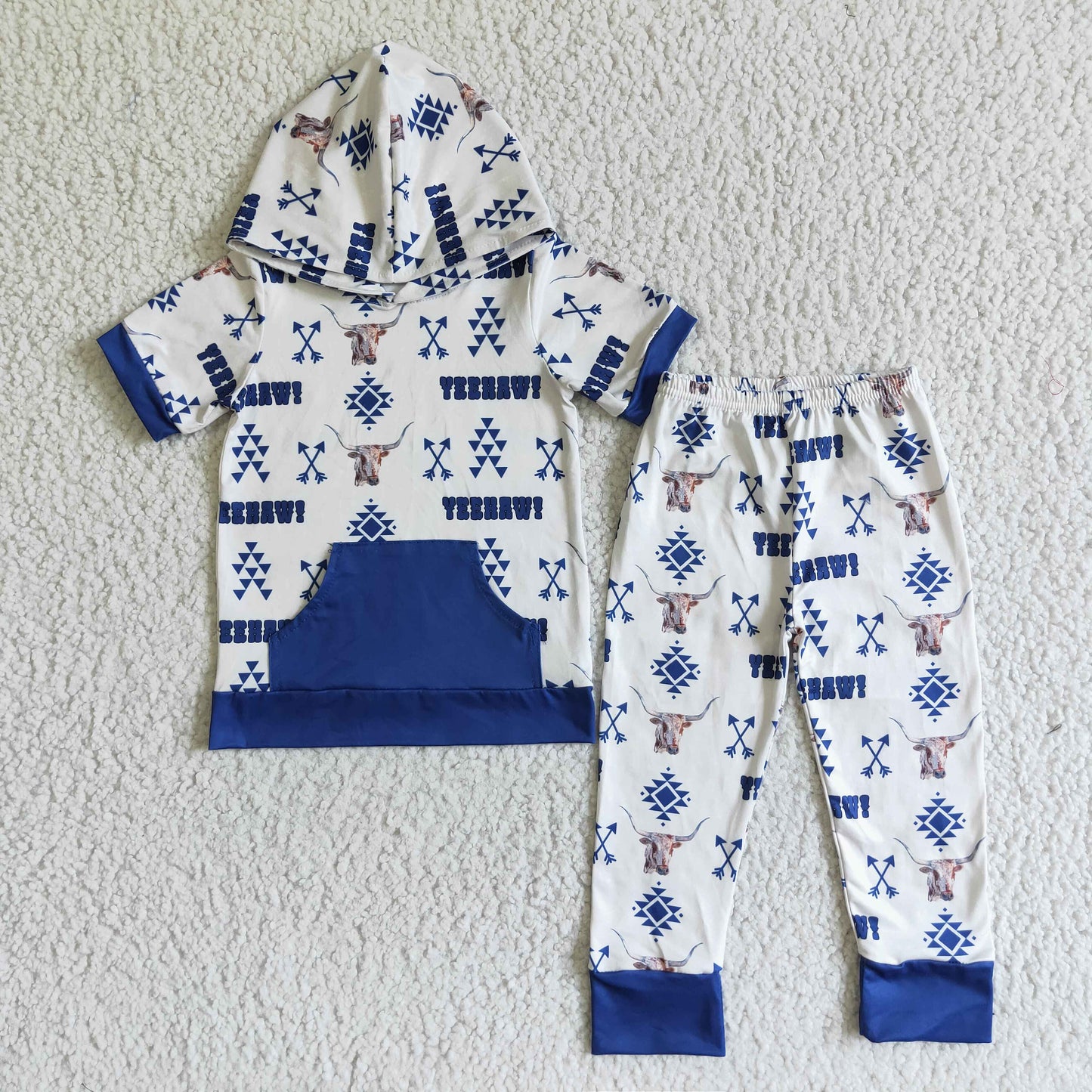 BSPO0006 Aztec Blue Print Hoodie Pocket Top Pants Boys Western Clothes Set