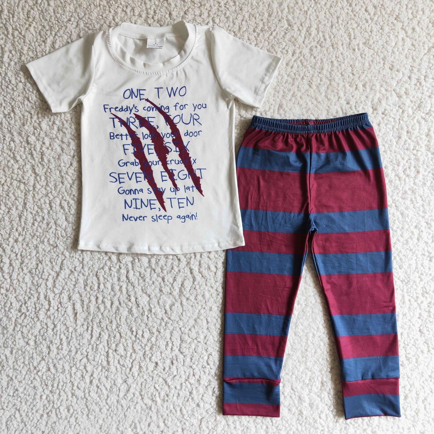 BSPO0034 ONE TWO Never Sleep Again! White Top Stripes Pants Boys Halloween Clothes Set