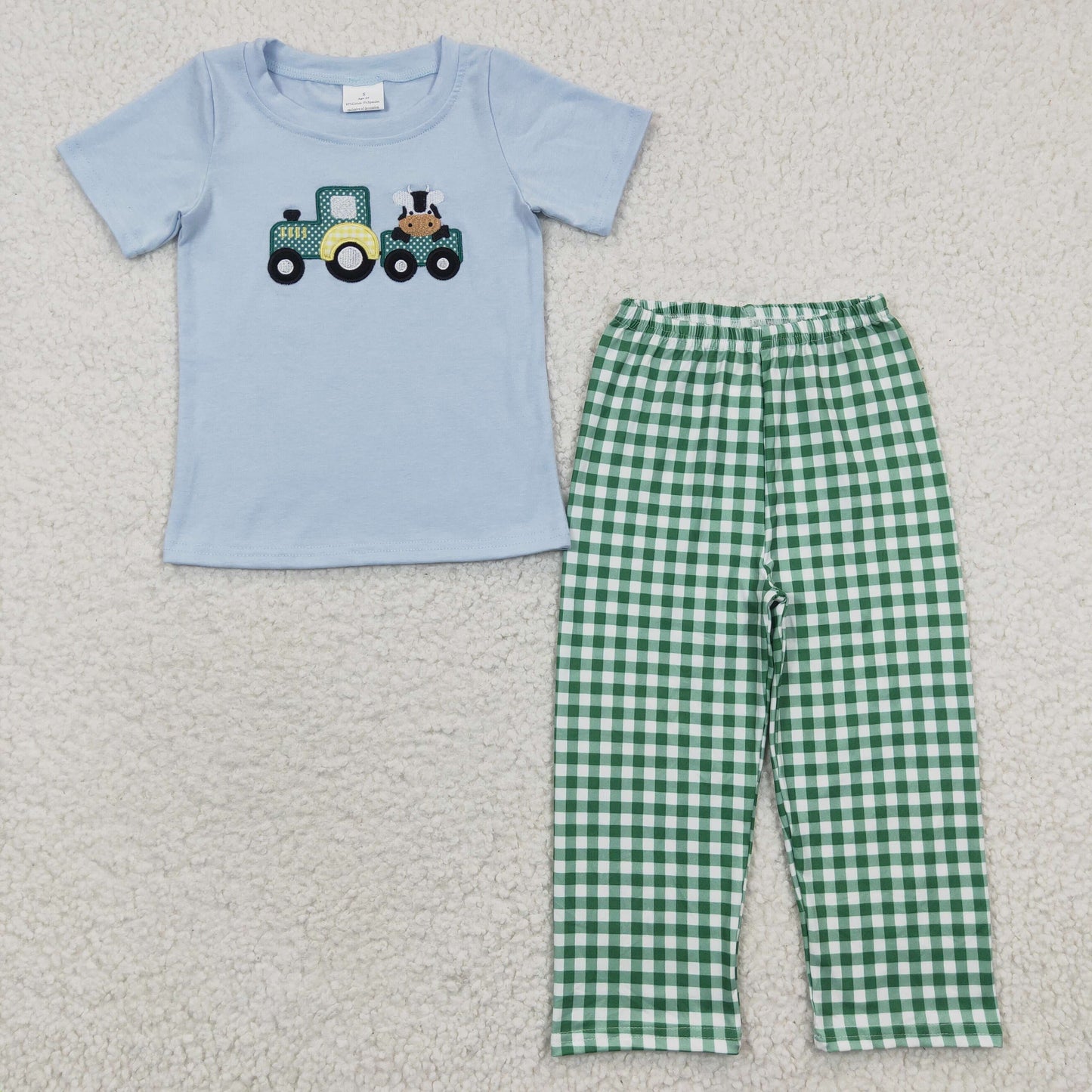 Boys Tractors cow print Green Plaid pants outfits BSPO0089