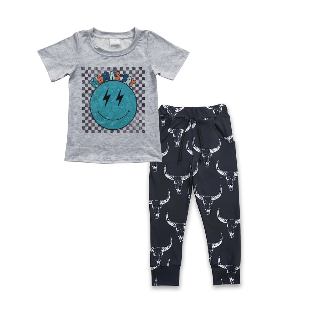 Mama's Boy Short Sleeve Shirt Top Black Cow Print Pants Outfit