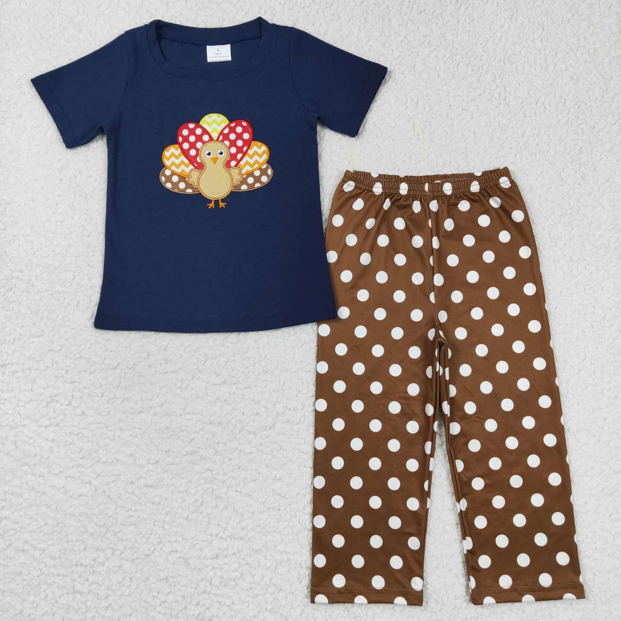 BSPO0162 Turkey Embroidery Navy Top Dots Pants Boys Thanksgiving Clothes Set