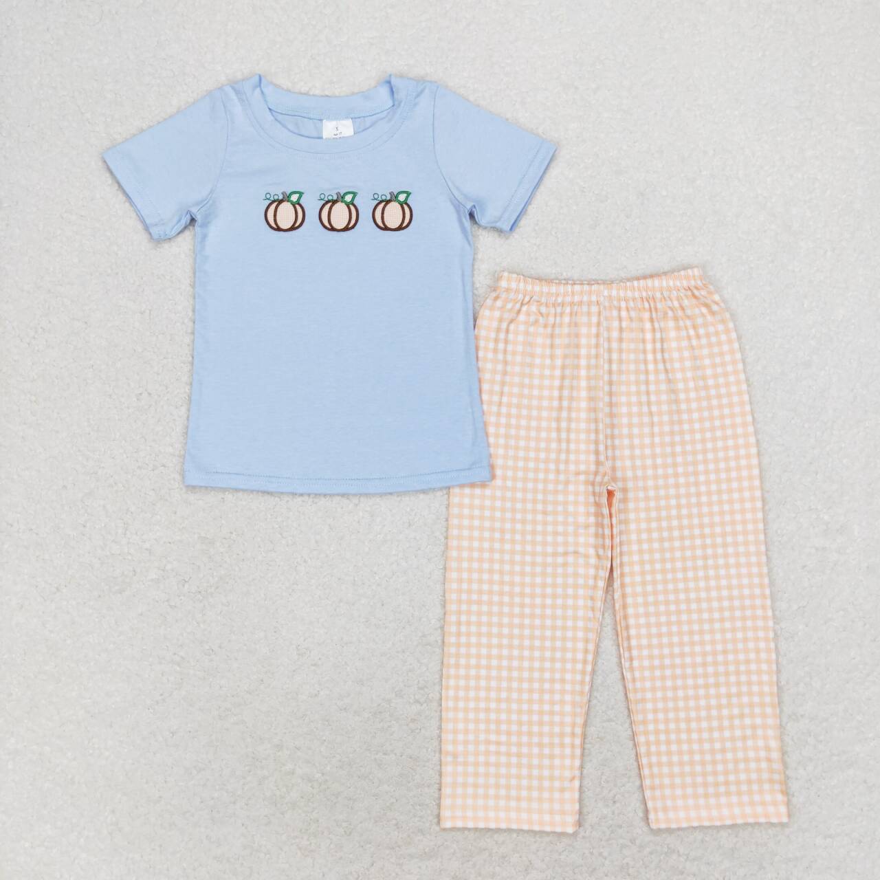BSPO0371 Pumpkin Embroidery Blue Top Checkered Pants Boys Fall Clothes Set
