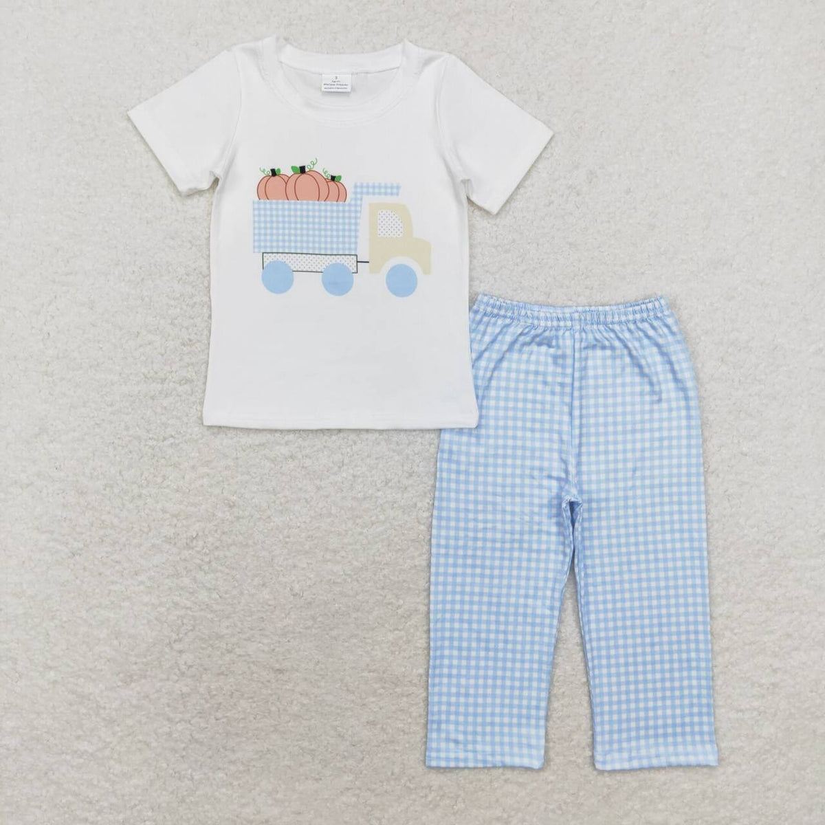 BSPO0398 Pumpkin Trucks White Top Checkered Pants Boys Fall Clothes Set