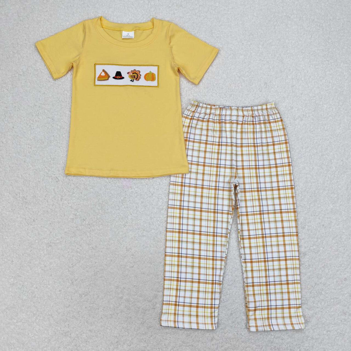 BSPO0433 Turkey Pie Pumpkin Embroidery Yellow Top Checkered Pants Boys Thanksgiving Clothes Set