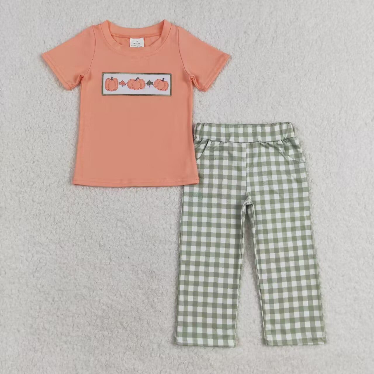 BSPO0451 Pumpkin Embroidery Pink Top Green Checkered Pants Boys Fall Clothes Set