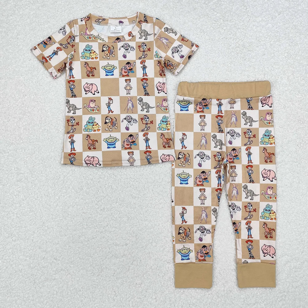 Baby Boys Cartoon Toy Khaki Checked Short Sleeve Top Pants Pajama Set