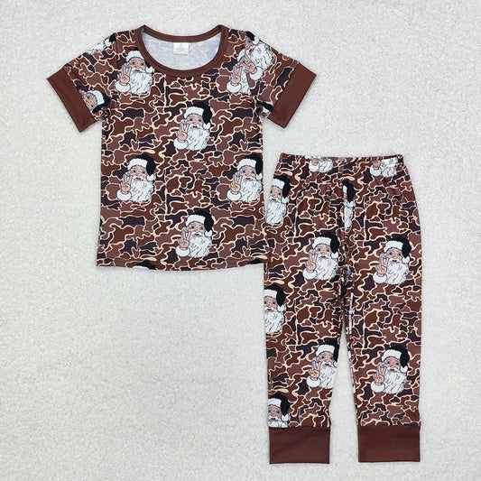 Sibling Baby Boys Brown Cano Christmas Santa Pajama Set Zipper Romper
