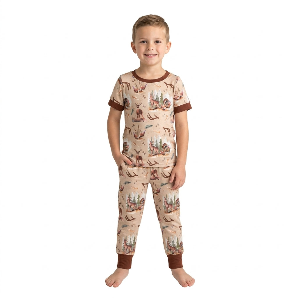 BSPO0494 Deer Turkey Print Baby Boys Hunting Short Sleeve Pajamas Clothes Set