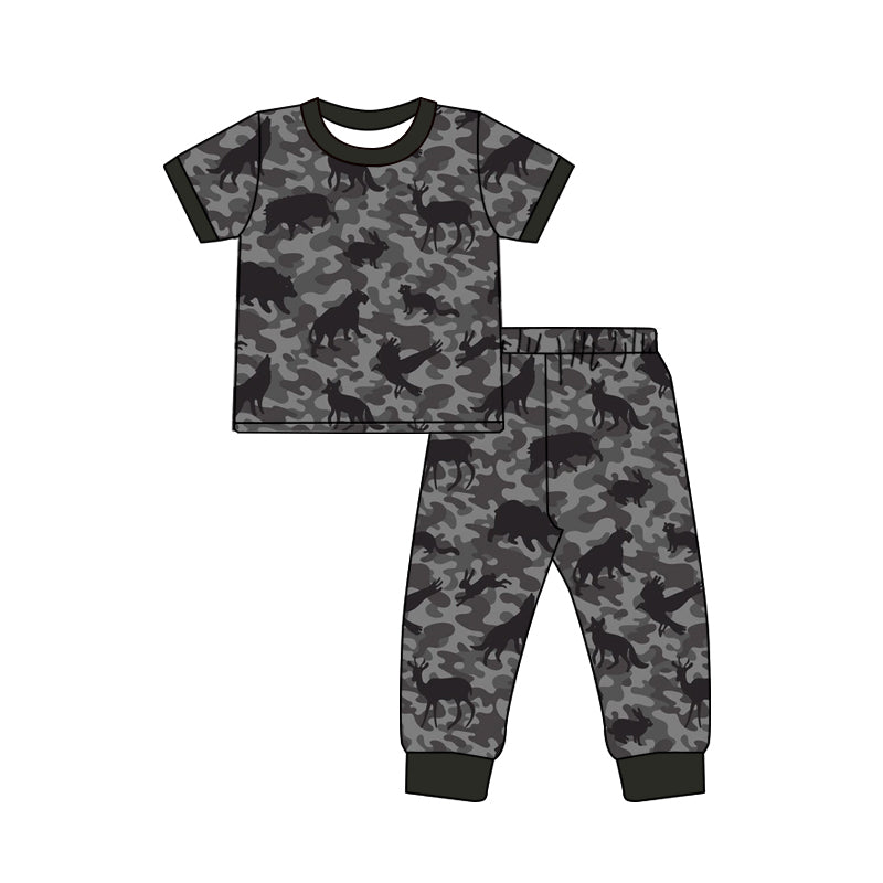 4.18 Toddler Boys Grey Camo Outfit Hunting Animal Short Sleeve Top with Pants Pajama Set Preorder