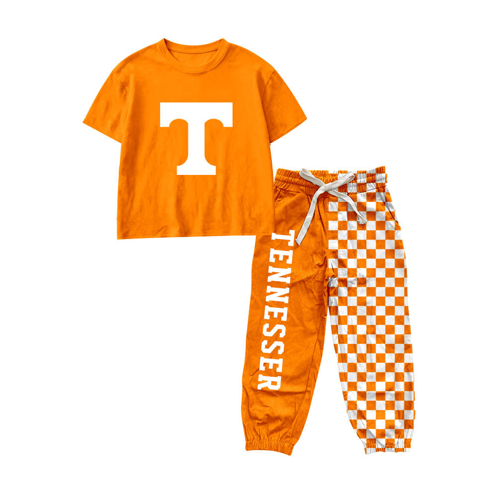 7.6 Preorder Kids Girls Tennesser Orange Short Sleeve Top with Checked Jogger Set