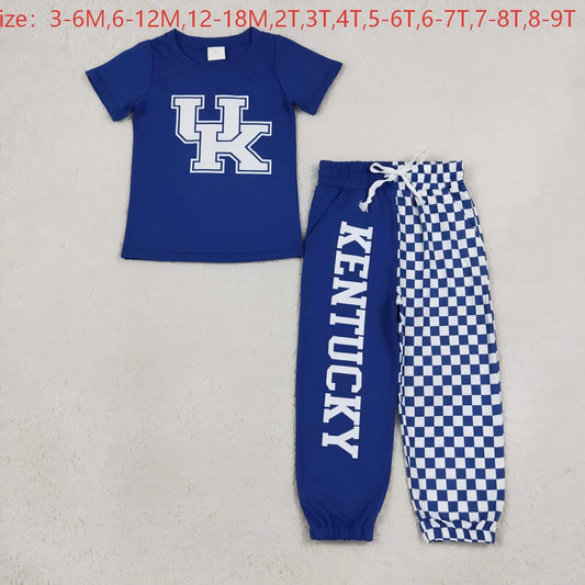 BSPO0696 Teams UK Vinyl Blue Top Kentucky & Checkered Split Joggers Kids Clothes Set