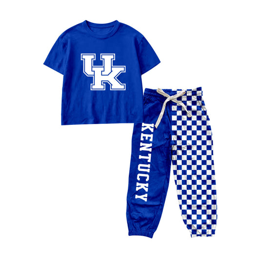 7.6 Preorder Kids Girls UK Royal Blue Short Sleeve Top with Checked Jogger Set