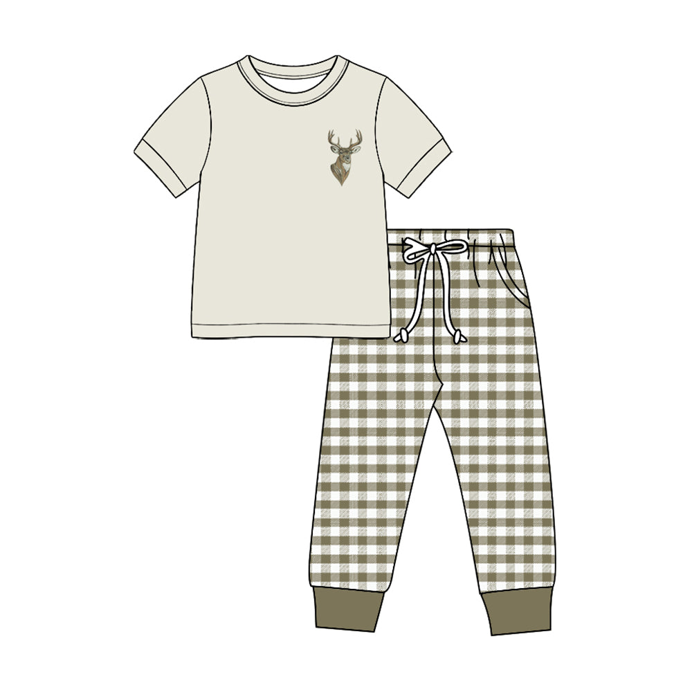 8.27 BSPO0704 Preorder Kids Boys Hunting Deer Short Sleeve Top with Gingham Pants Outfit