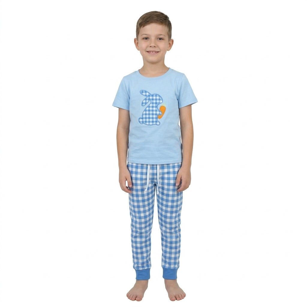 BSPO0705 Bunny Carrot Embroidery Blue Top Checkered Pockets Pants Boys Easter Clothes Set