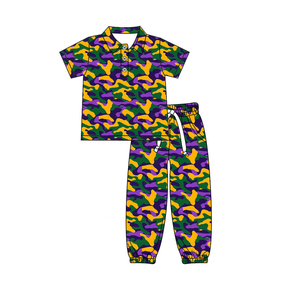 9.3 BSPO0721 Preorder Baby Boys Mardi Gras Green Yellow Purple Camo Short Sleeve Polo Top Jogger Outfit