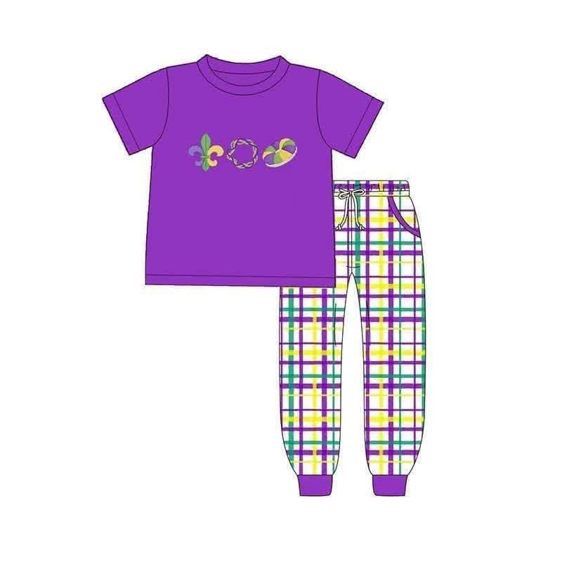 9.16 BSPO0722 Preorder Anchor Donut Purple Top Checkered Pants Boys Mardi Gras Clothes Set