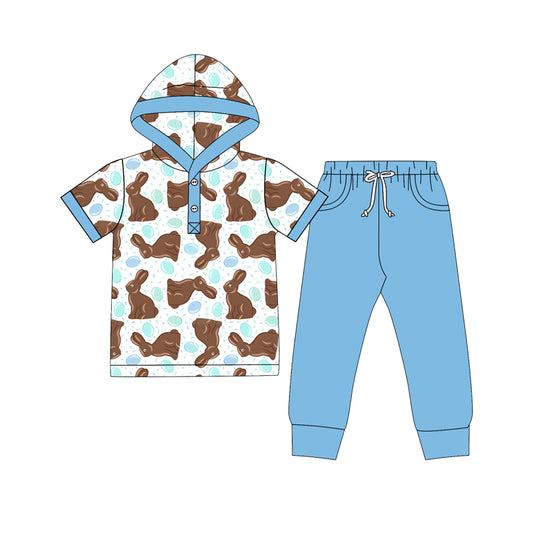 10.9 BSPO0735 Preorder Bunny Eggs Hoodie Top Blue Pockets Pants Boys Easter Clothes Set