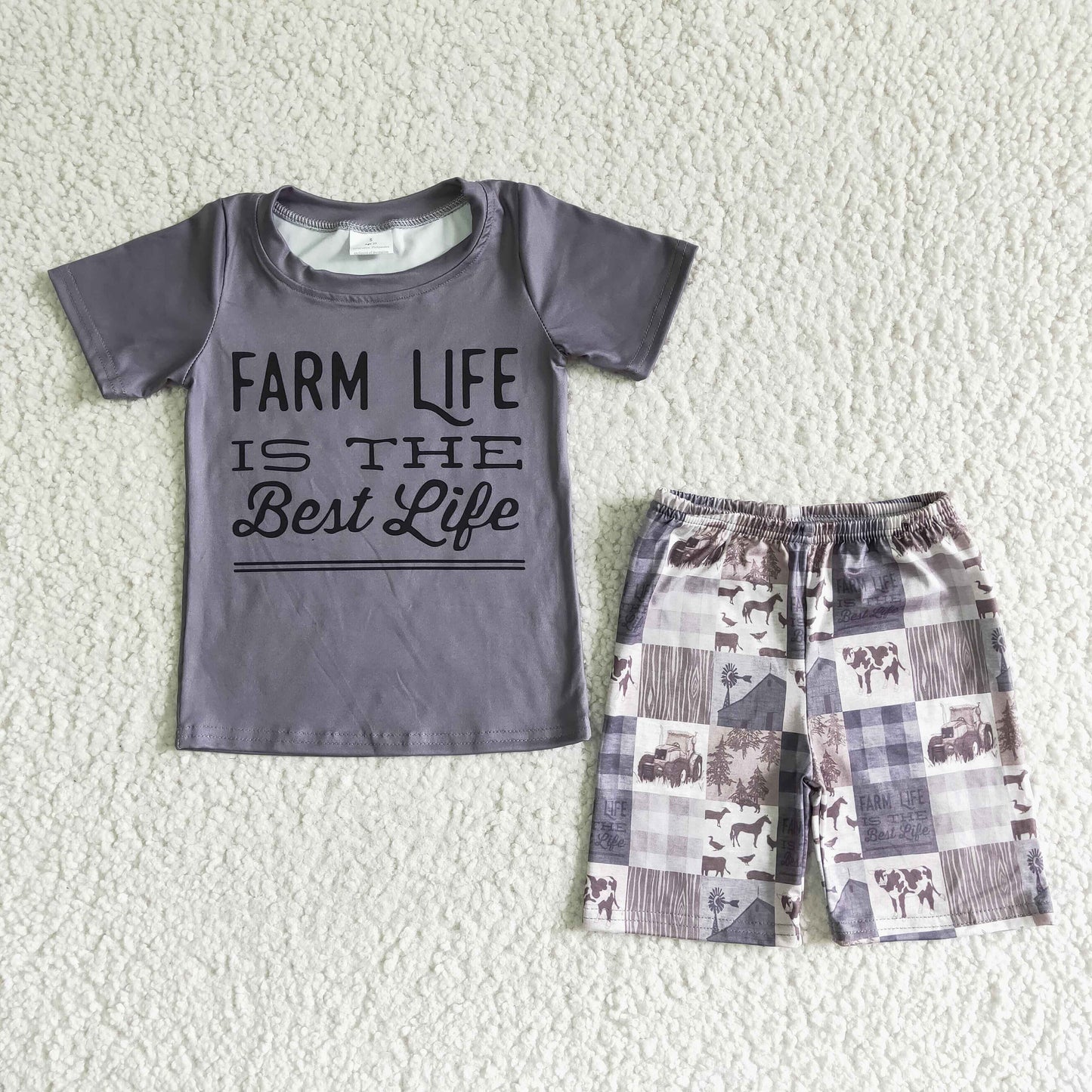 Farm life is the best life gray top plaid shorts boys summer outfits BSSO0029