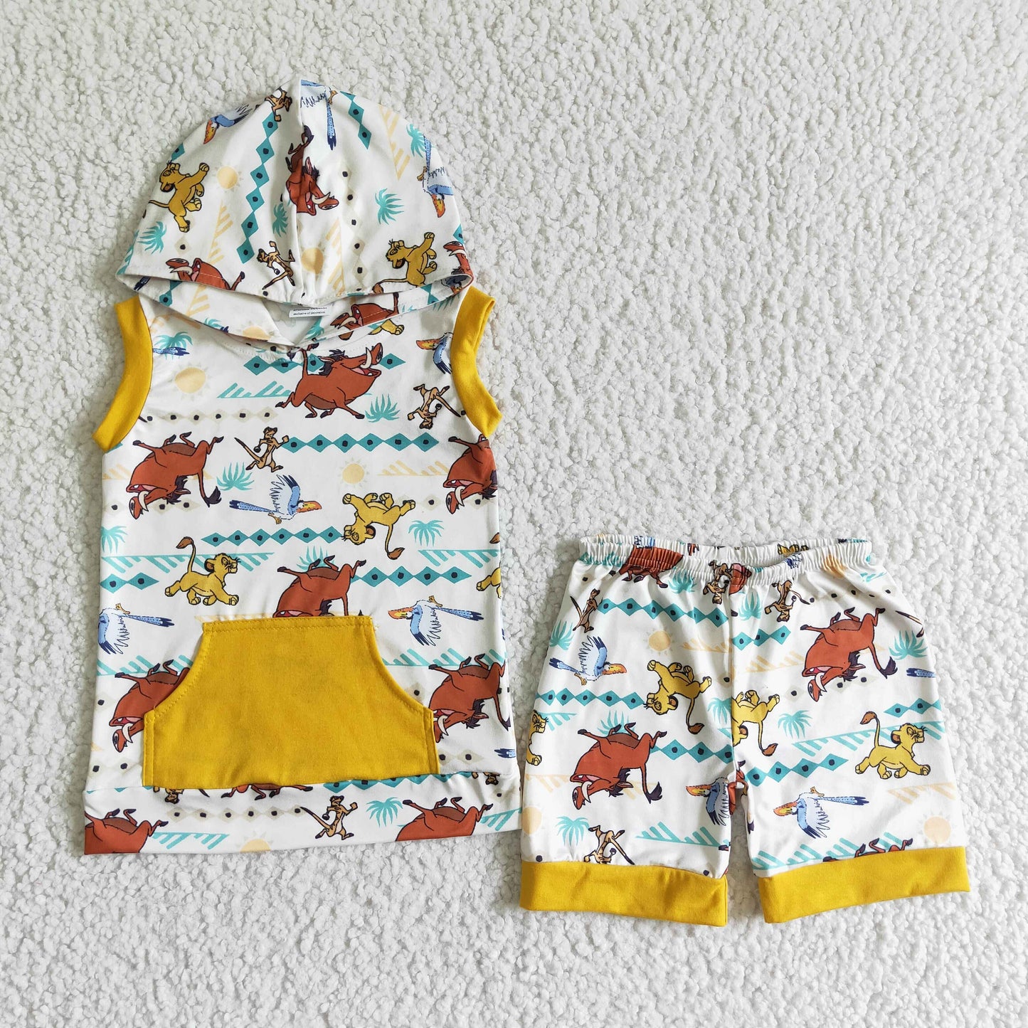 (Promotion)BSSO0039 Cartoon Lion Hoodie Top Shorts Boys Summer Clothes Set