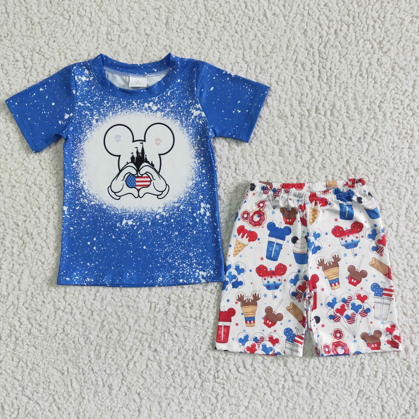 (Promotion)BSSO0068 Cartoon Mouse Blue Top Stars Shorts Boys 4th of July Clothes Set