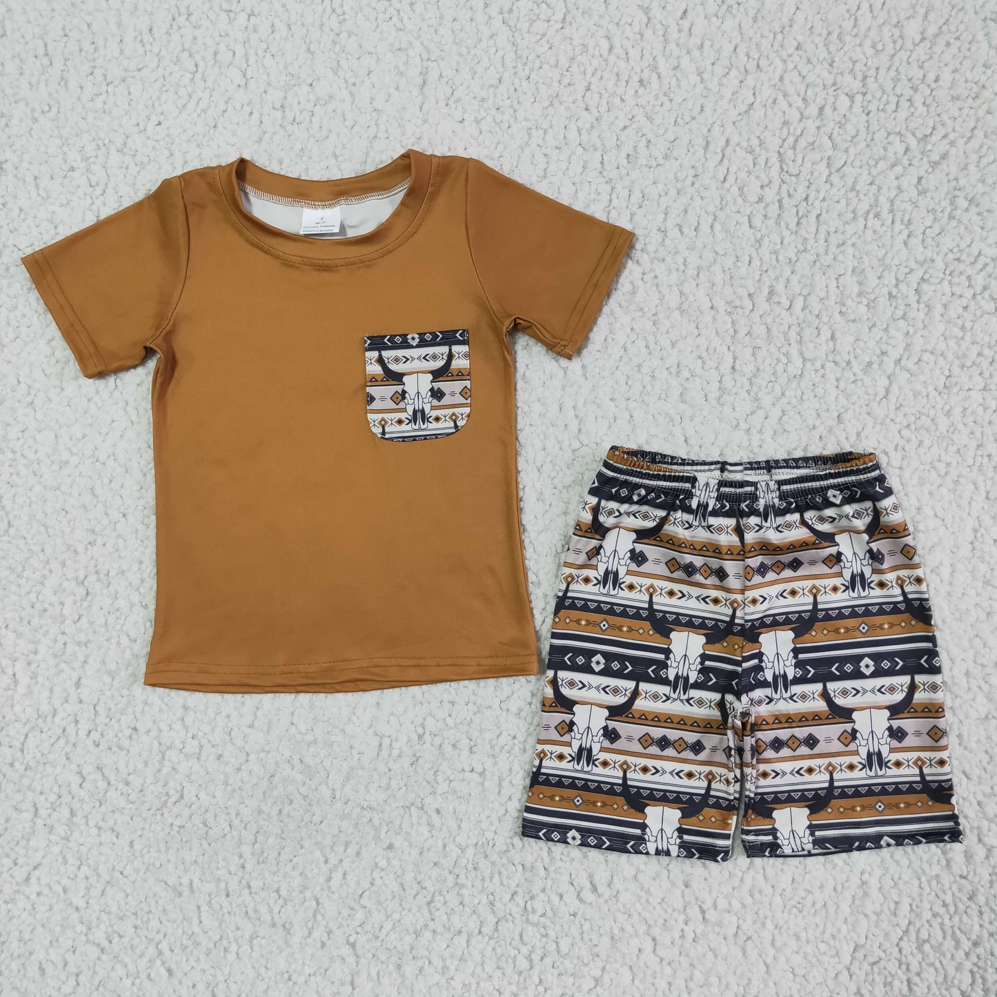 (Promotion) Brown Pocket Top Cow Skull Shorts Boys summer outfits BSSO0073