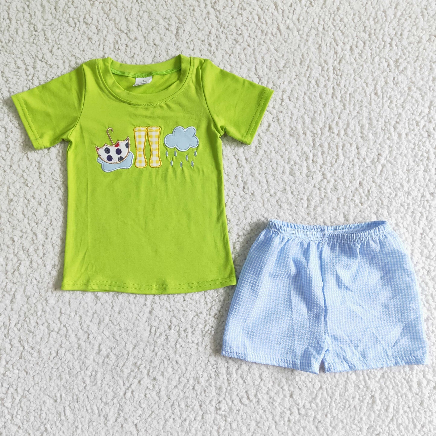 Sibling Baby Boys Girls Rain Boots Embroidery Top with Gingham Shors Outfit