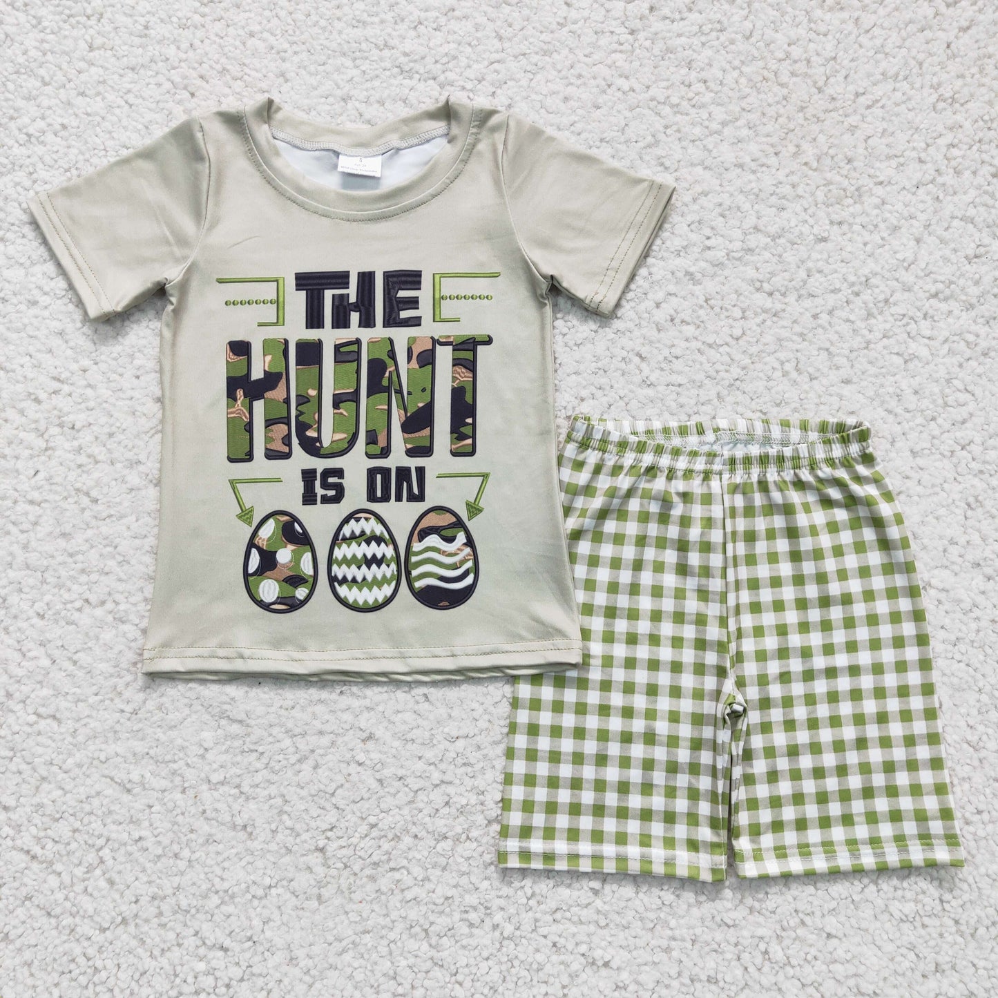 (Promotion)BSSO0096 HUNT Eggs Camo Top Plaid Shorts Boys Easter Clothes Set