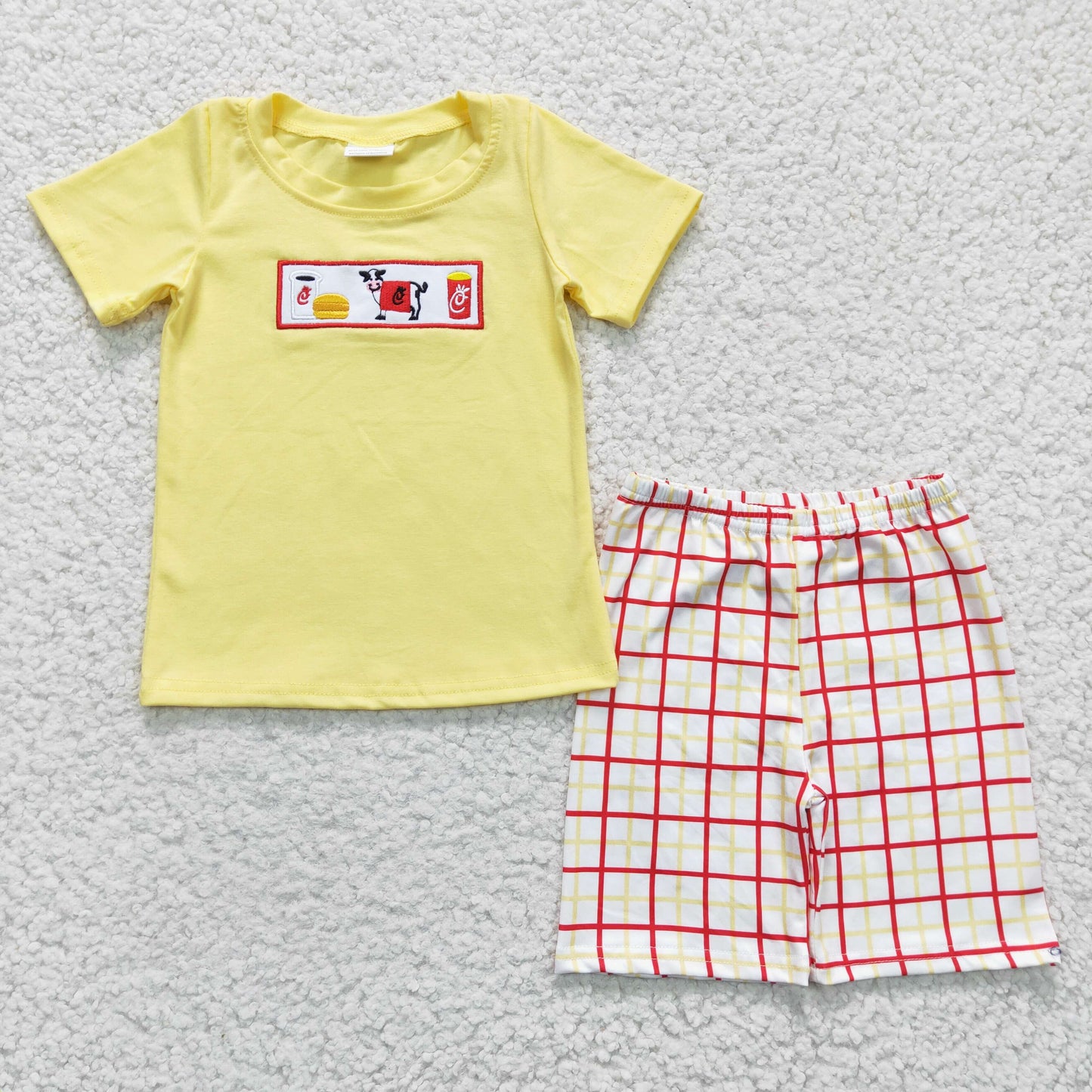 Sibling Baby Boys Girls Embroidery Cow Top with Gingham Shors Outfit+Dress