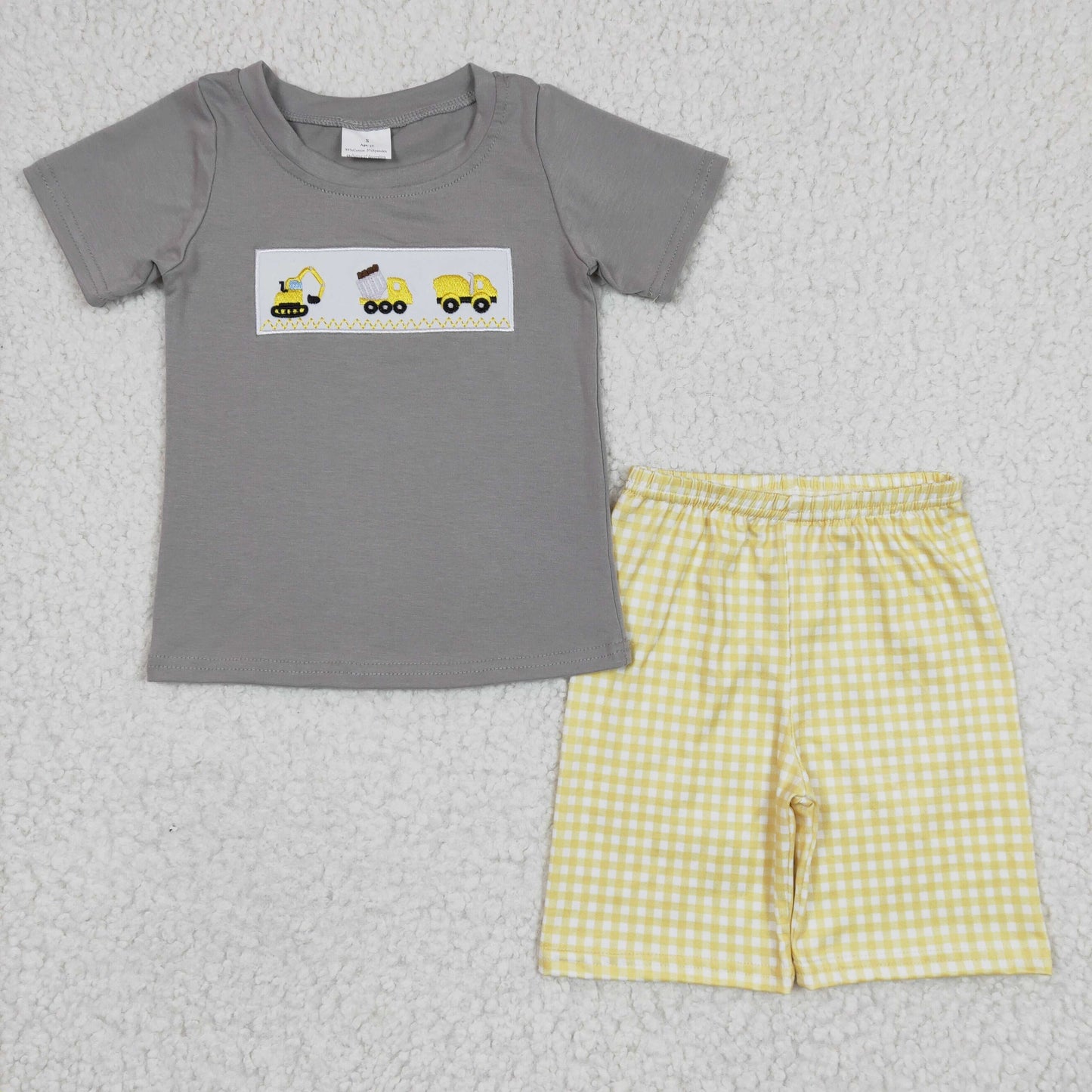 Boys construction embroidery Plaid print summer outfits BSSO0124