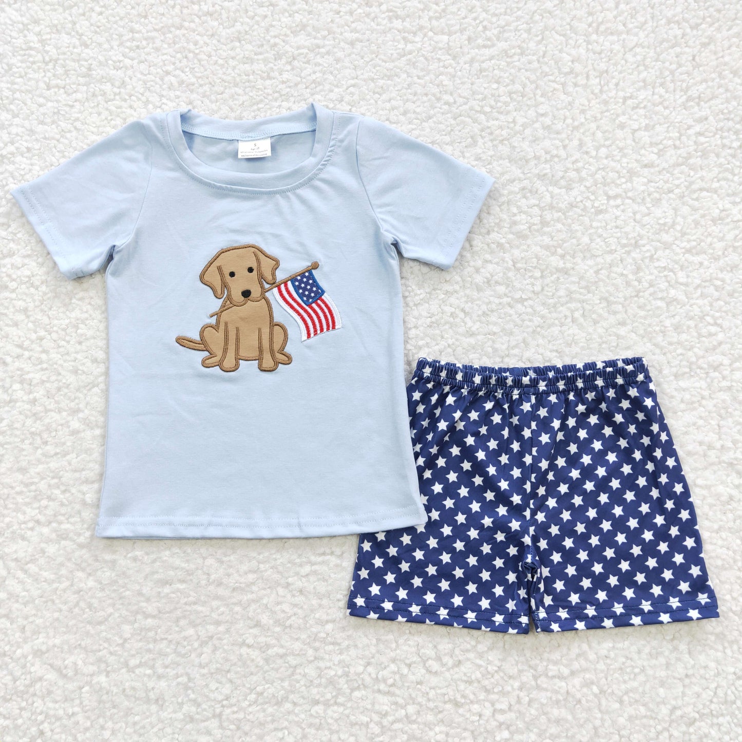 BSSO0227 Puppy Flag Embroidery Top & Stars Shorts Boys 4th of July Set