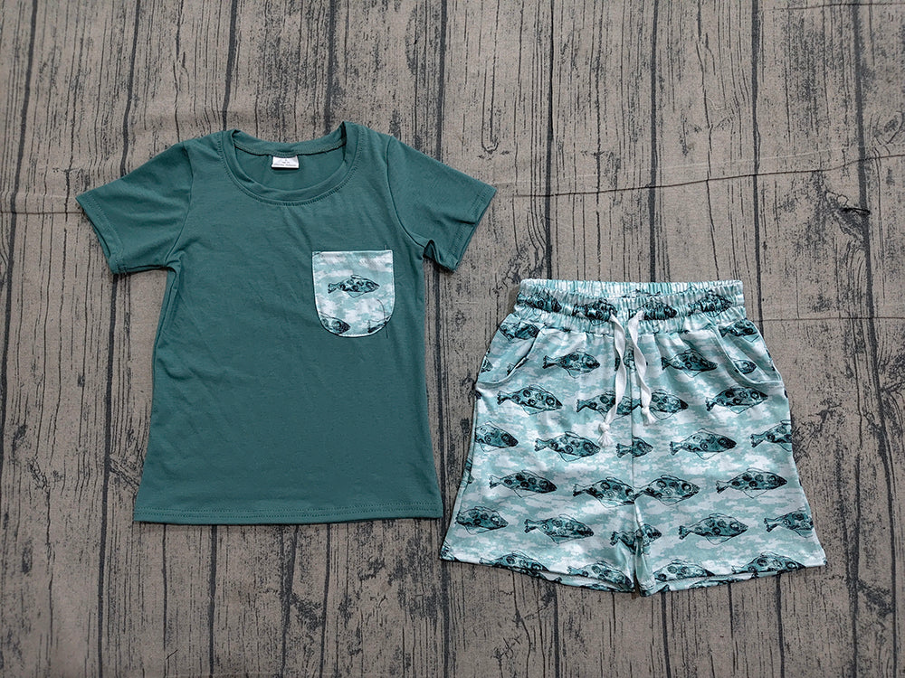 Preorder BSSO0838 Dark Green Fish Short Sleeve & Shorts Set - Boys