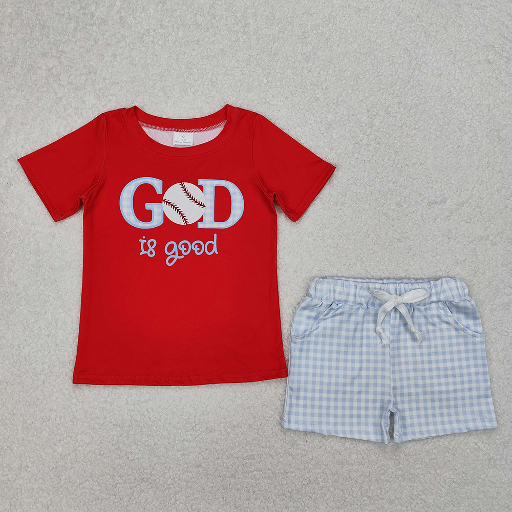 BSSO1248 GOD Baseball Embroidery Red Top Plaid Shorts Boys Summer Clothes Set