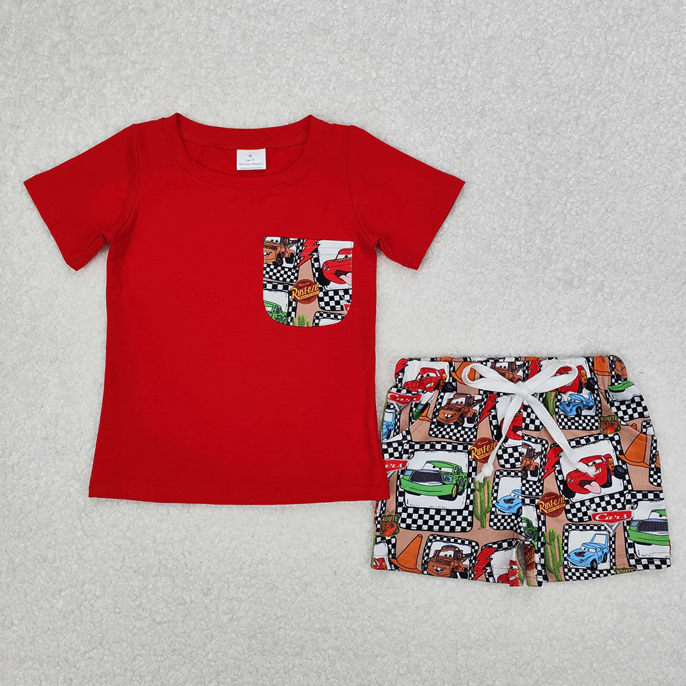 Sibling Baby Boys Summer Cartoon Short Sleeve Pocket T-shirt Top with Shorts Outfit