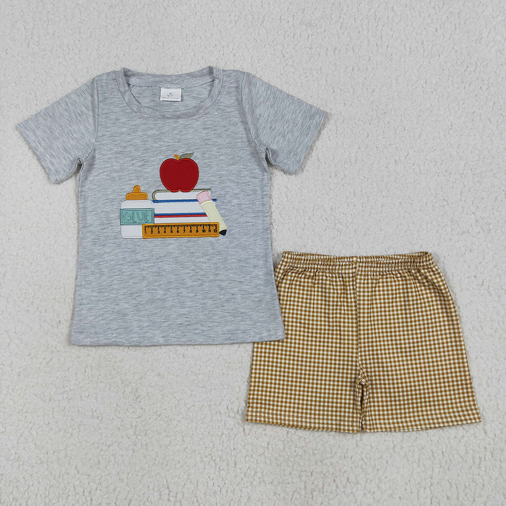 BSSO1281 Apple Pen Embroidery Grey Top Plaid Shorts Boys Back to School Clothes Set