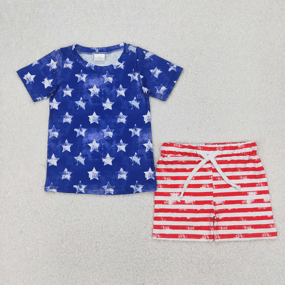 BSSO1405 Stars Top Red Stripes Shorts Baby Boys 4th of July Clothes Set