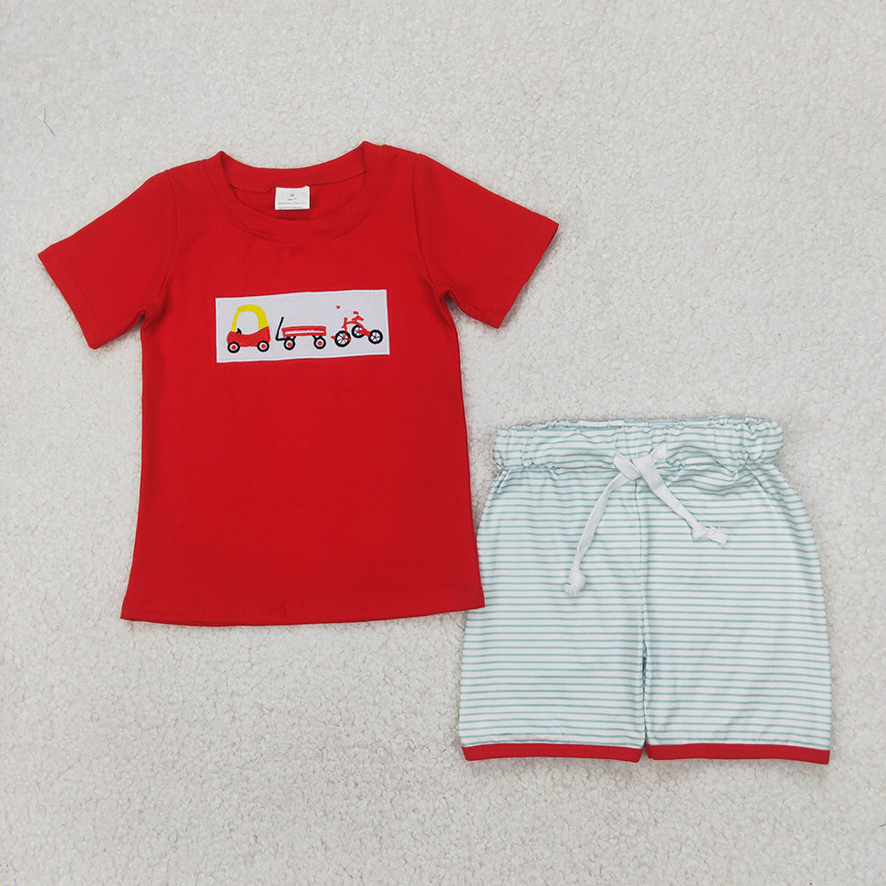 BSSO1432 Baby Bike Embroidery Red Top Stripes Shorts Boys Summer Clothes Set