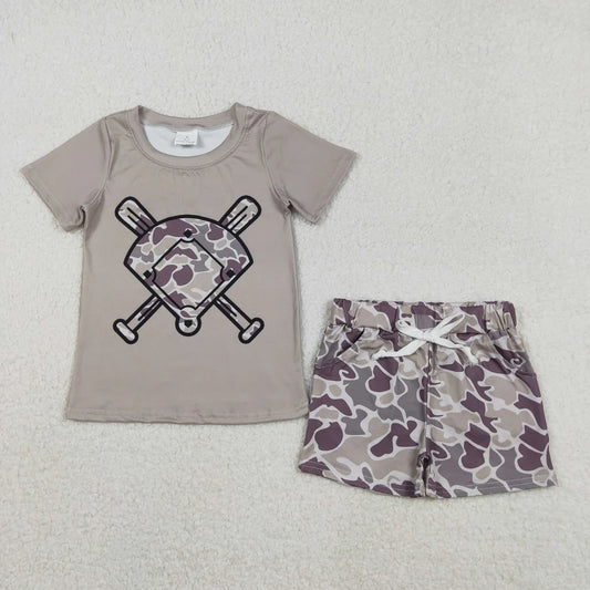 Sibling Baby Boys Short Sleeve Camo Baseballs Top Pockets Shorts Outfit