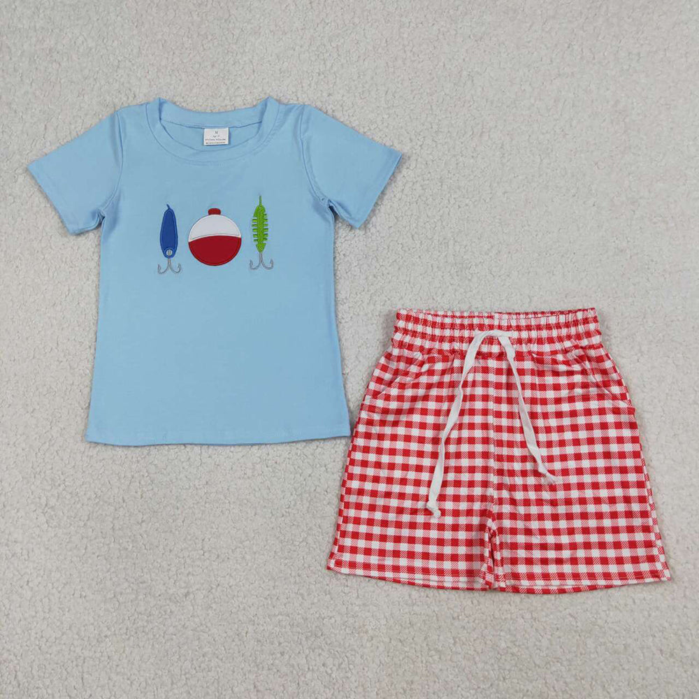 BSSO1699 Fishhook Embroidery Blue Tee & Plaid Shorts Set – Boys’