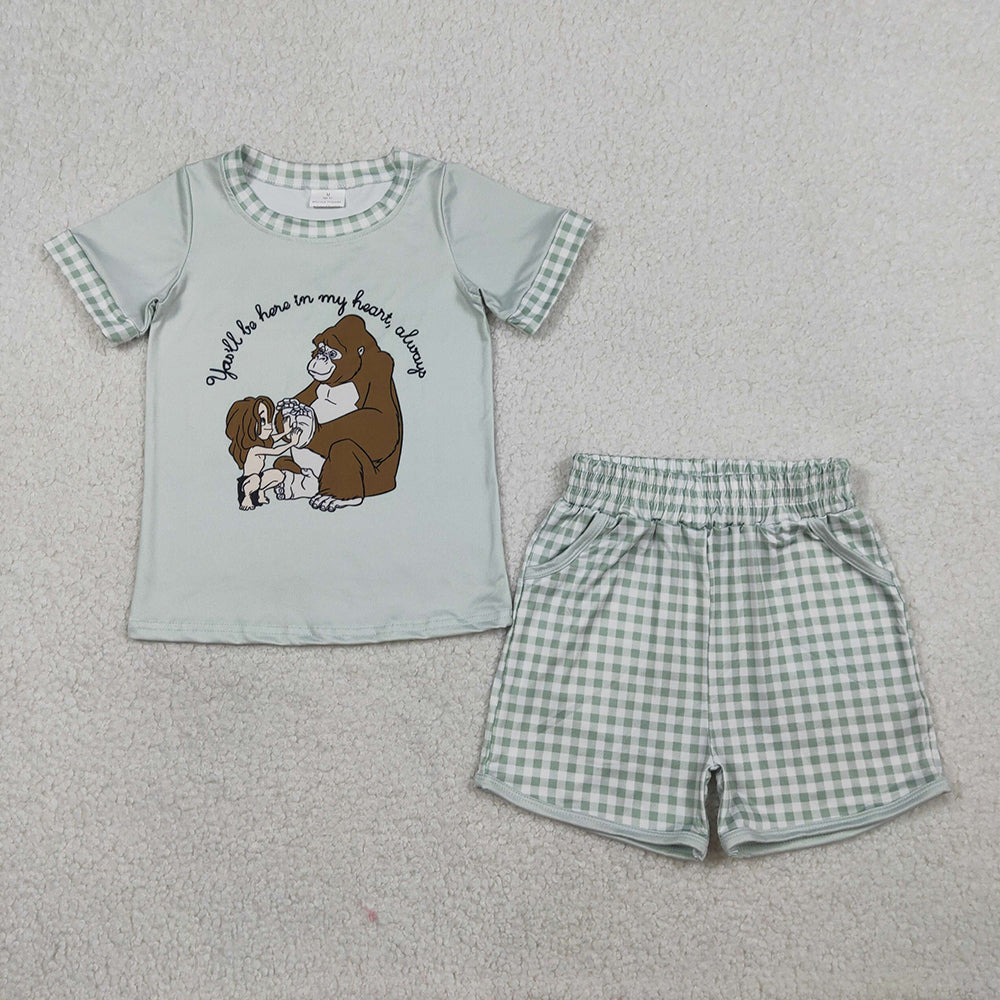 BSSO1702 Cartoon Monkey Top Plaid Shorts Boys Summer Clothes Set