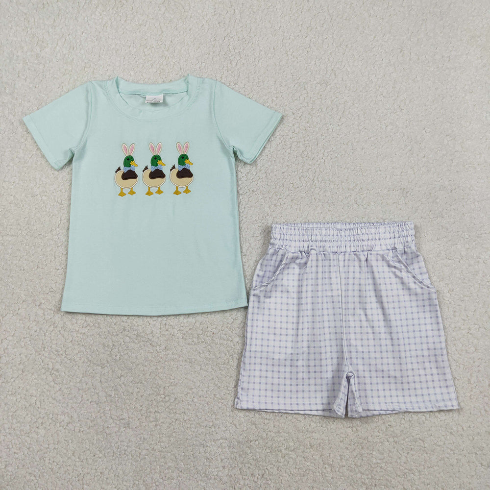 Duck Embroidery Plaid Print Boys Easter Clothes Sibling Matching Wear