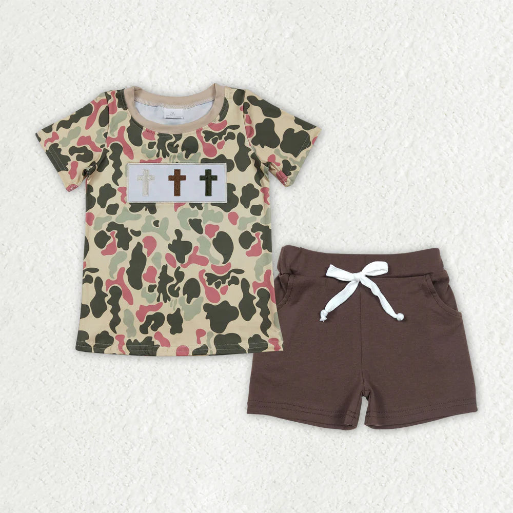 Embroidery Crosses Baby Boys Camo Top Pockets Shorts Easter Outfit