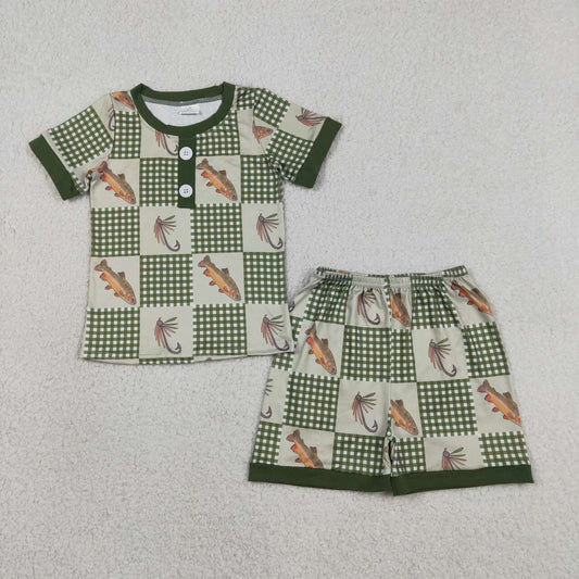 BSSO1817 Fishing Green Gingham Boys Summer Pajama Set