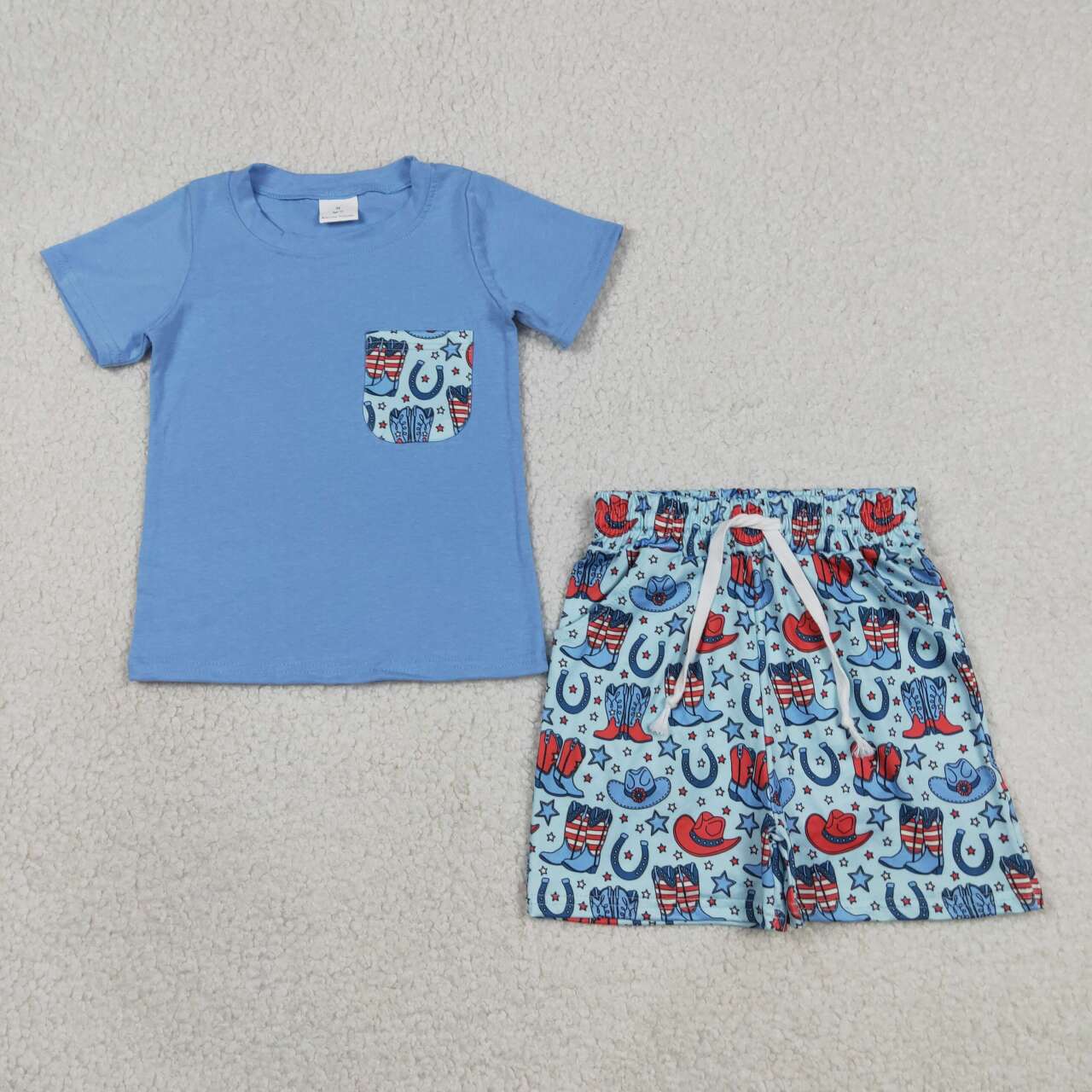 BSSO1829 Pocket Blue Top Boots Hat Stars Shorts Boys 4th of July Clothes Set