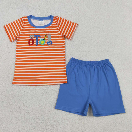 Sibling Boys Tool Embroidery Matching Outfit - Toddler Orange Stripe Set & Baby Romper