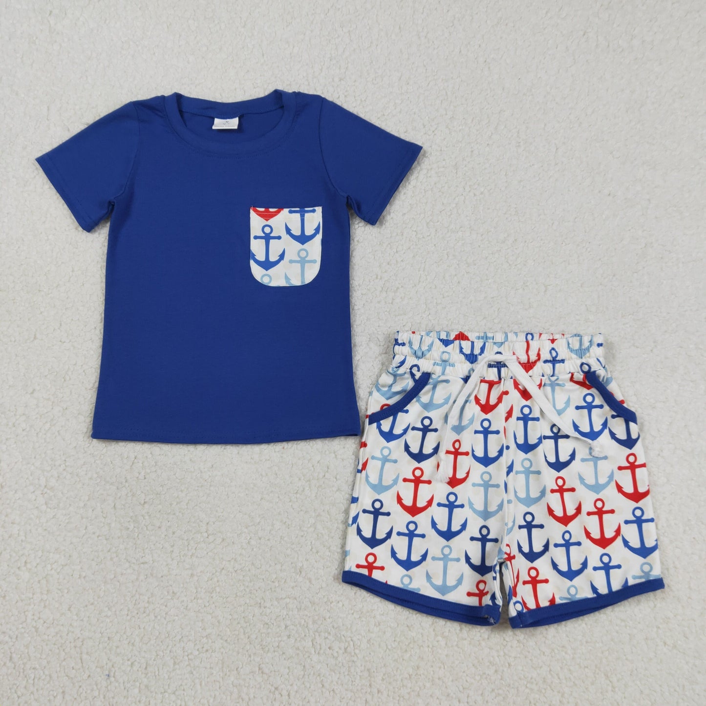 BSSO1874 Blue Pocket Top Anchor Shorts Boys 4th of July Clothes Set