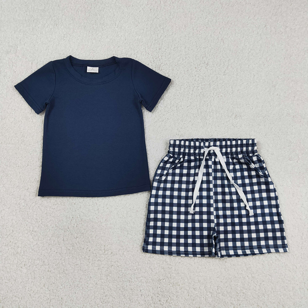 BSSO1882 Navy Top Plaid Pockets Shorts Boys Summer Clothes Set