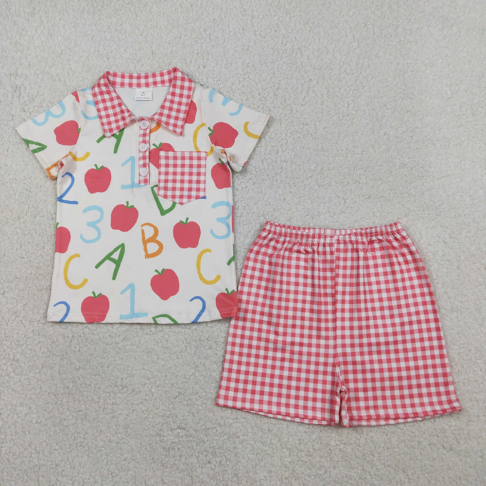 BSSO1913 123ABC Apple Red Check Pocket Button Collar Short Sleeve & Shorts Set - Boys